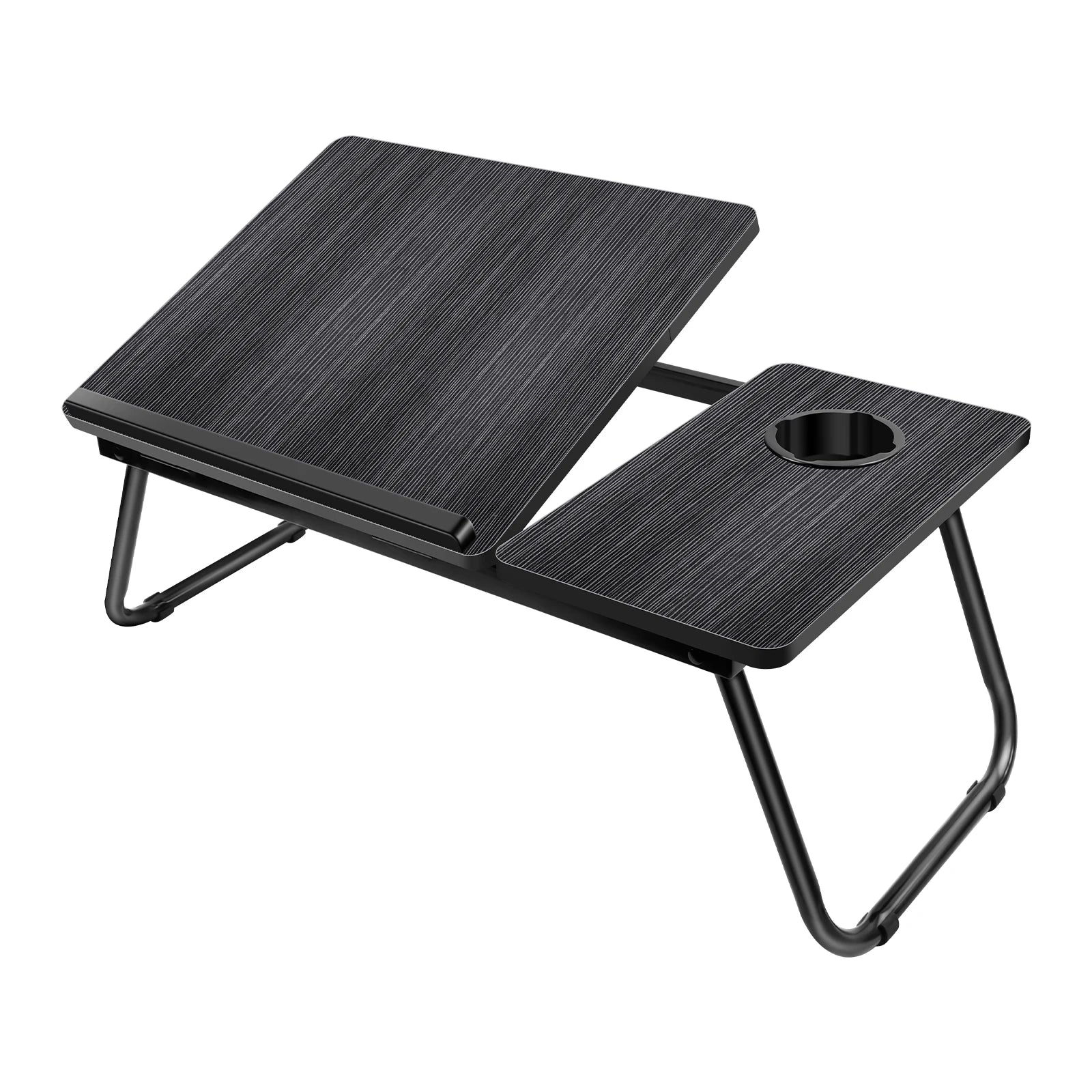 Portable folding table with a cup holder on a white background