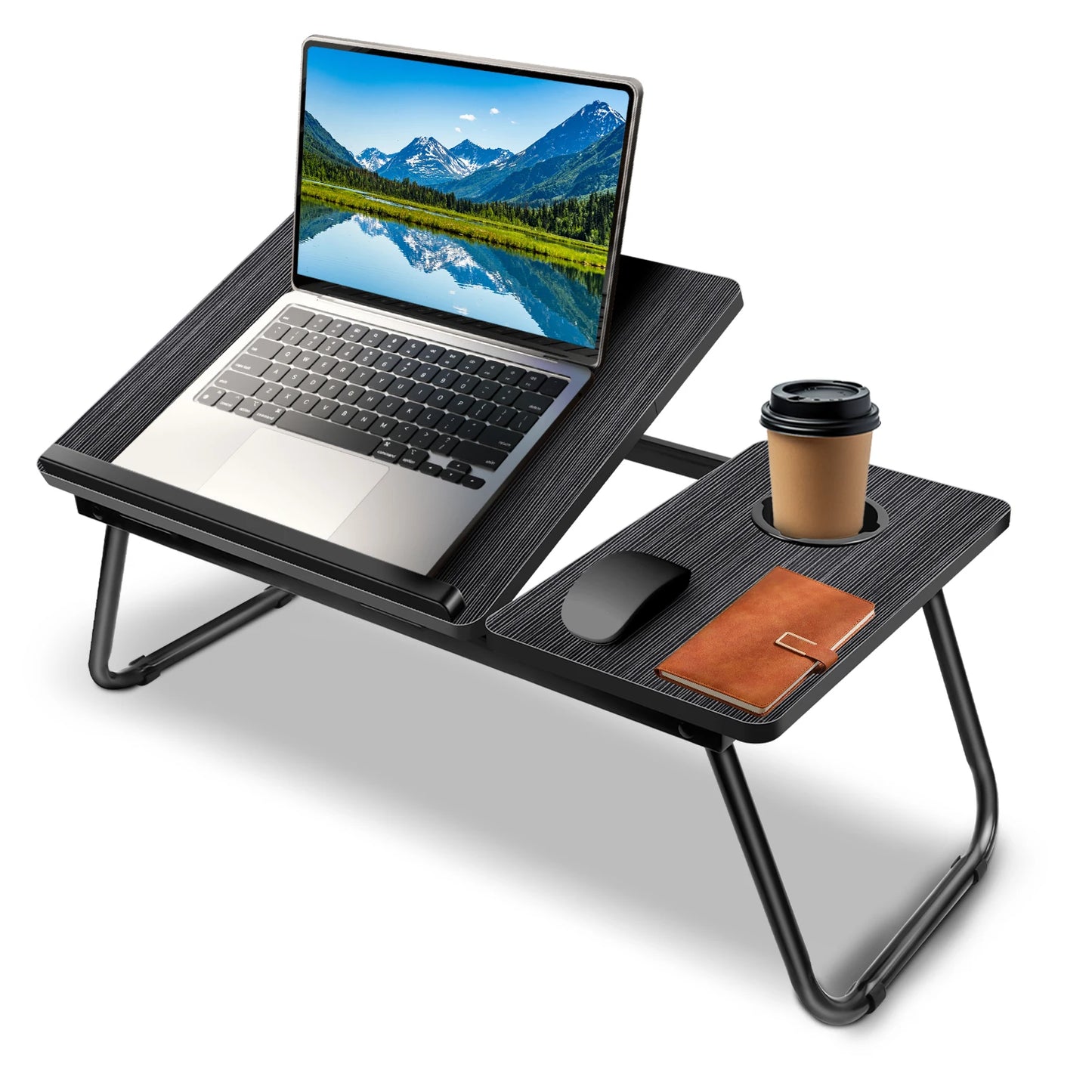 Portable laptop desk with a laptop, mouse, and coffee cup on a white background