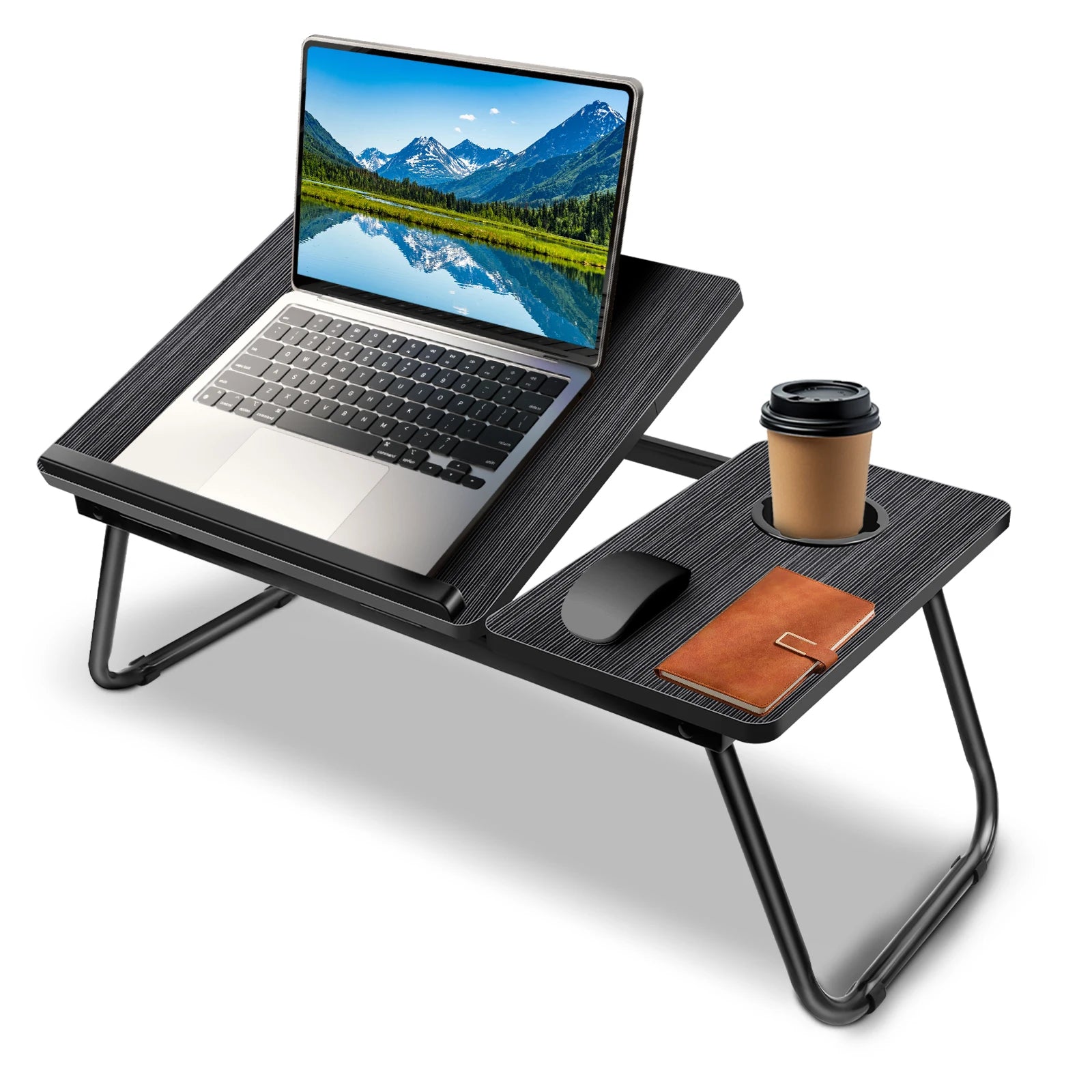 Portable laptop desk with a laptop, mouse, and coffee cup on a white background