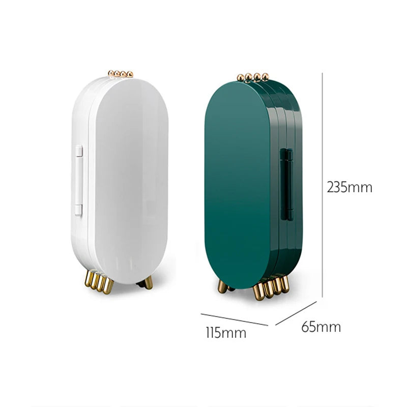 Two hair straighteners, one white and one green, with dimensions labeled on a white background.