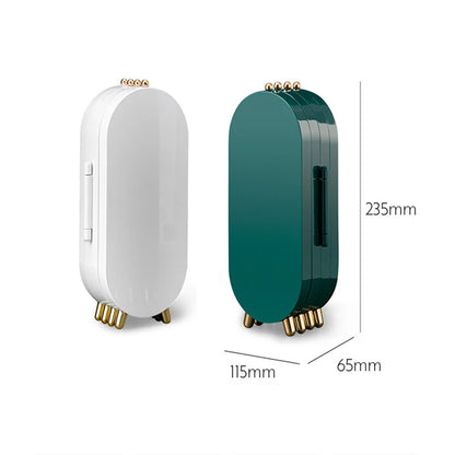 Two hair straighteners, one white and one green, with dimensions labeled on a white background.