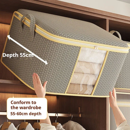 Wardrobe with a large storage bag labeled 'Depth 55cm' and 'Conform to the wardrobe 55-60cm depth'.