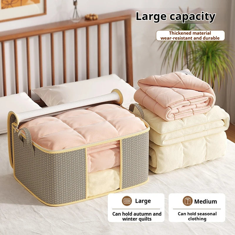 Storage basket with folded blankets on a bed, labeled for large capacity and material durability.