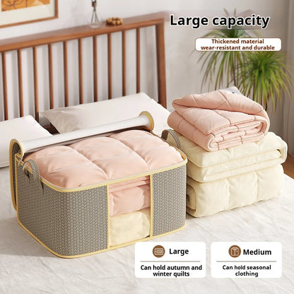 Storage basket with folded blankets on a bed, labeled for large capacity and material durability.