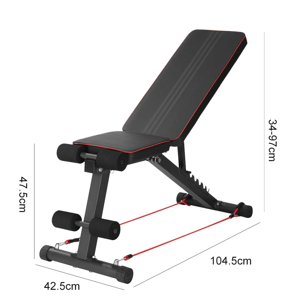 Black adjustable weight bench with dimensions on a white background