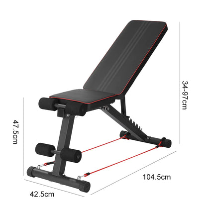 Black adjustable weight bench with dimensions on a white background