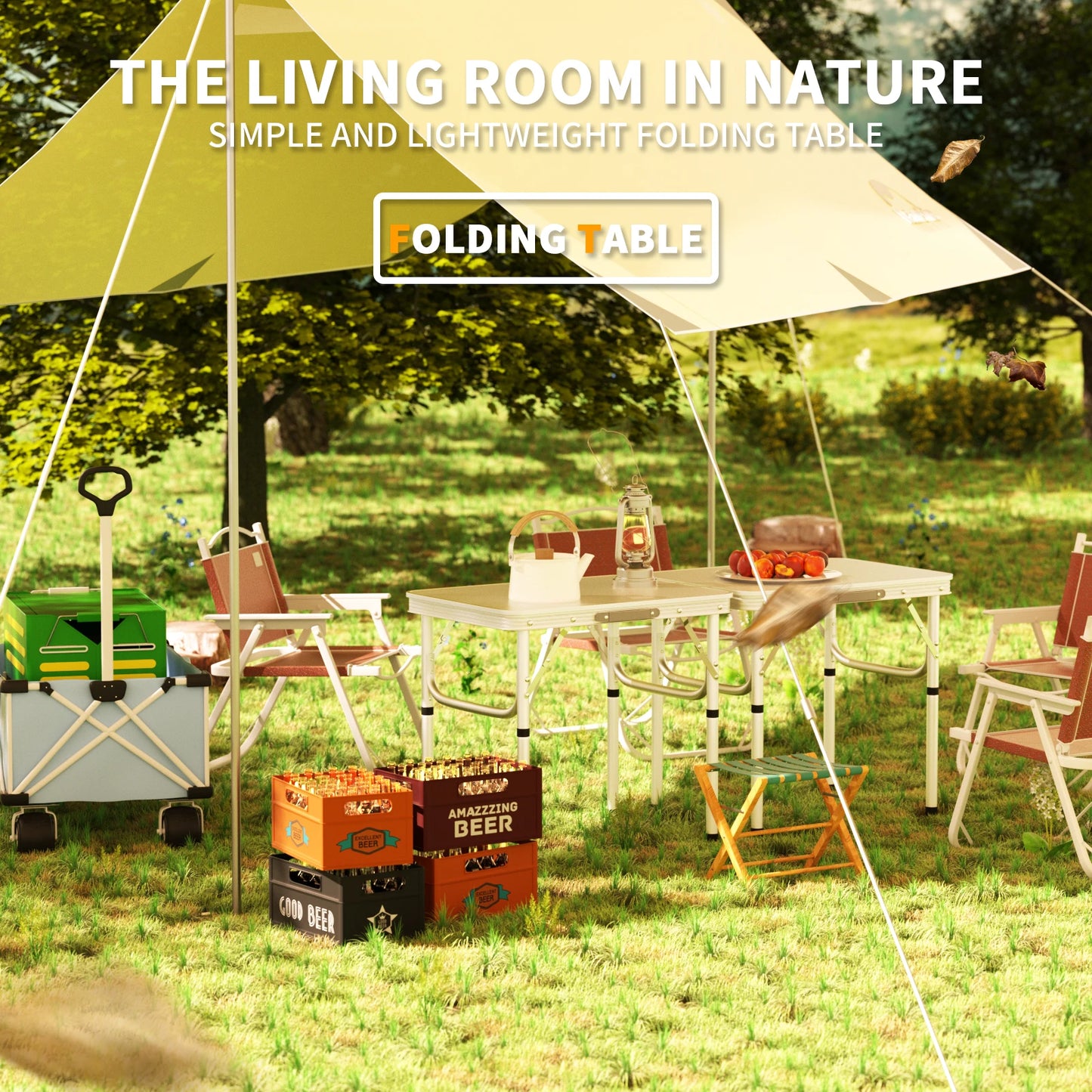 Outdoor setting with a folding table, chairs, and camping gear under a tent.