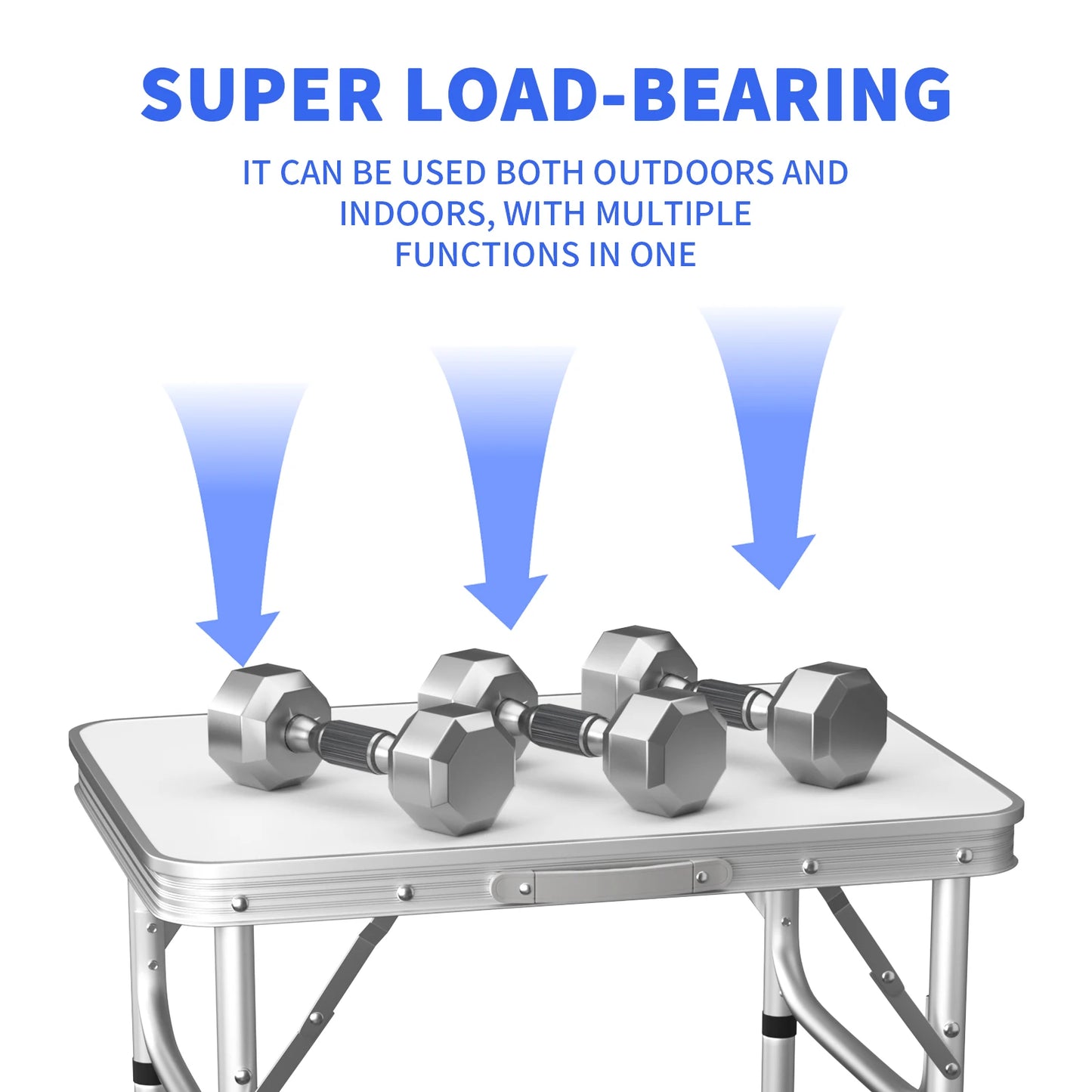 Folding table with dumbbells on top, labeled 'Super Load-Bearing' with text about outdoor and indoor use.