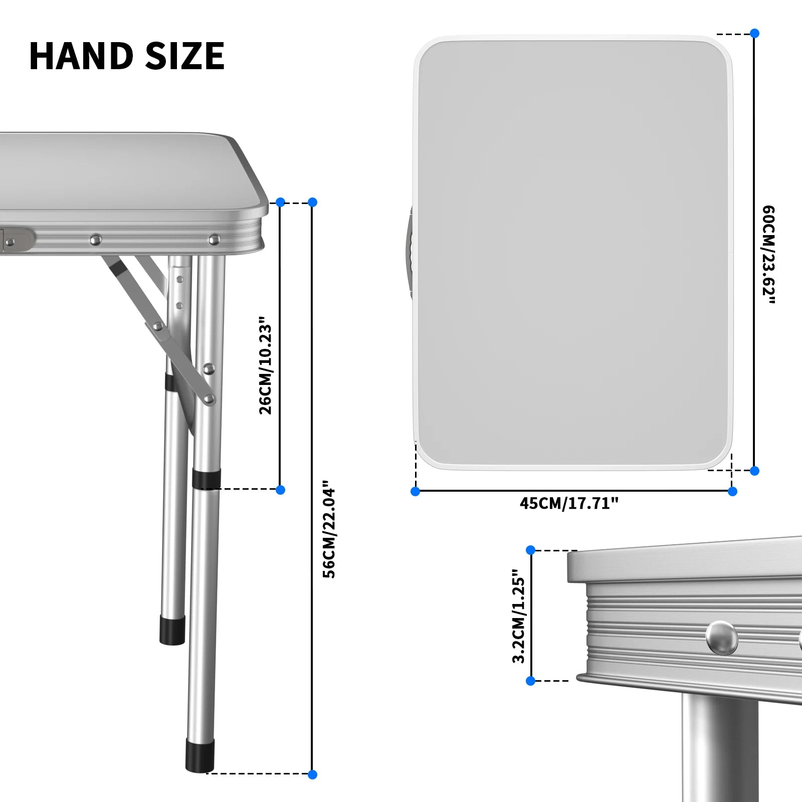 Measurement chart showing dimensions of a folding table with hand size reference.