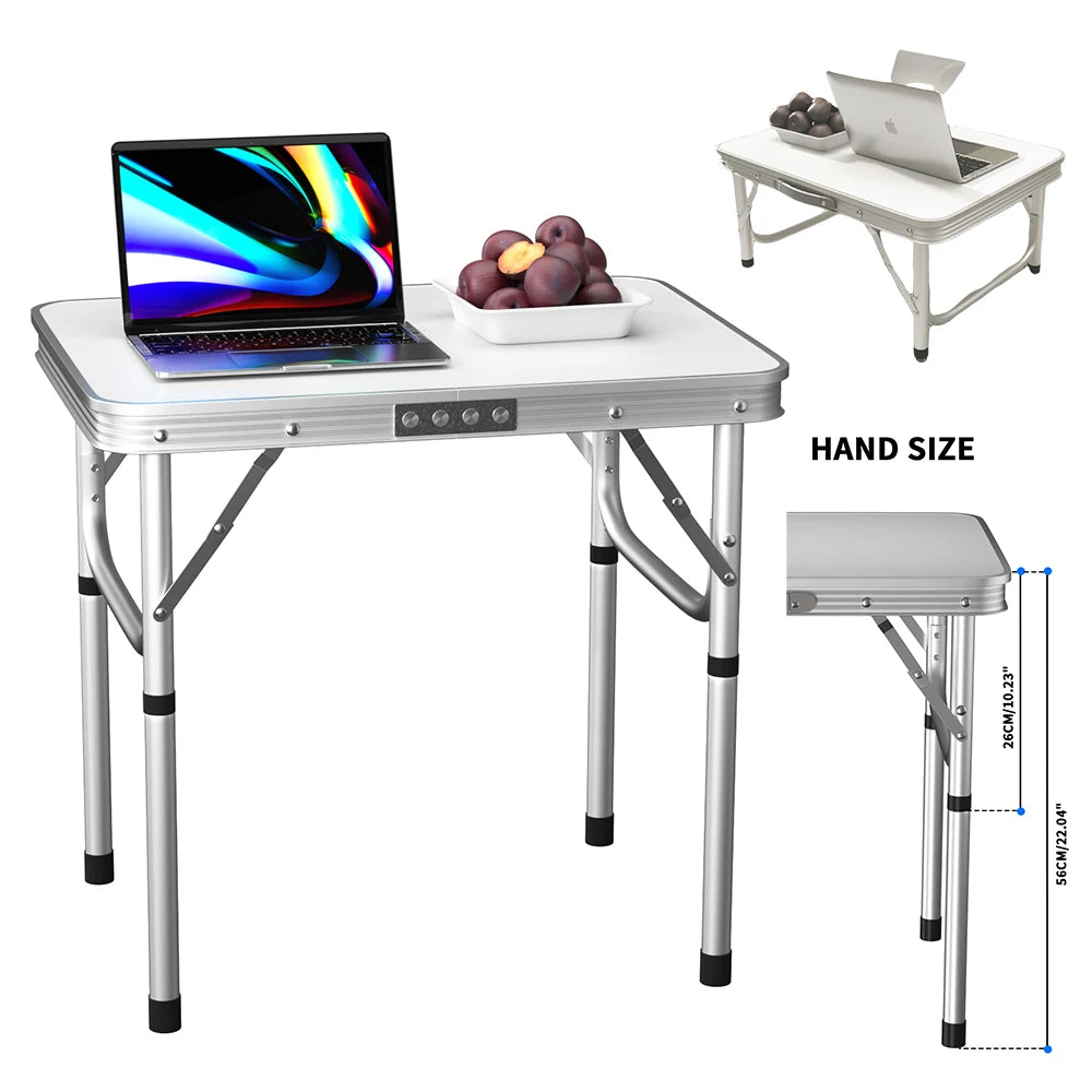 Portable folding table with laptop and fruit, showing dimensions on a white background