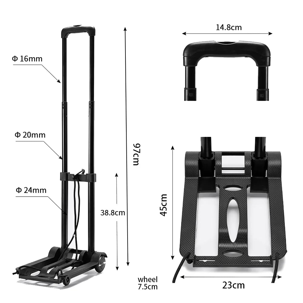 Black hand truck with measurements on a white background
