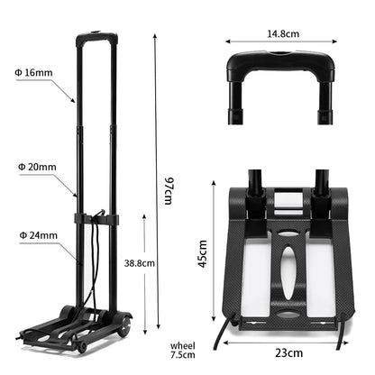 Black hand truck with measurements on a white background