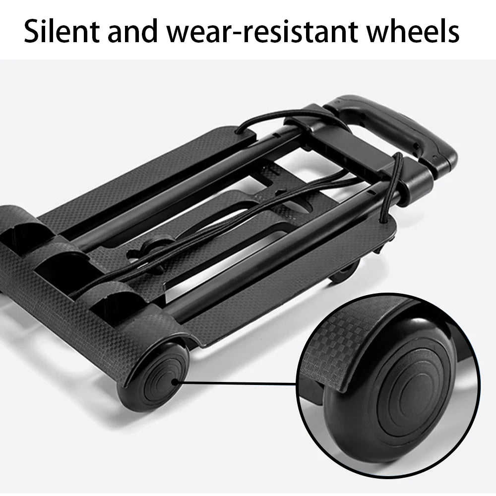 Black rolling cart with wheels on a white background, highlighting silent and wear-resistant wheels.