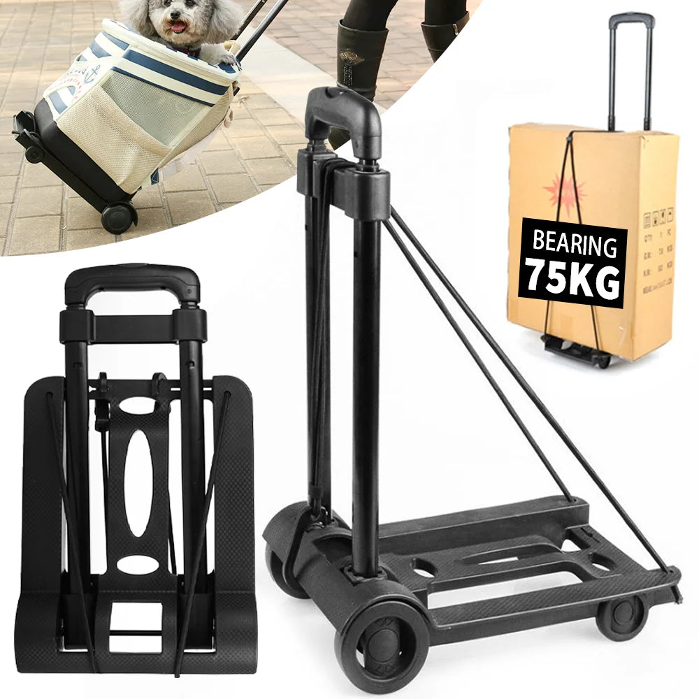 Collapsible hand truck with a dog in a pet carrier and a weight capacity label.