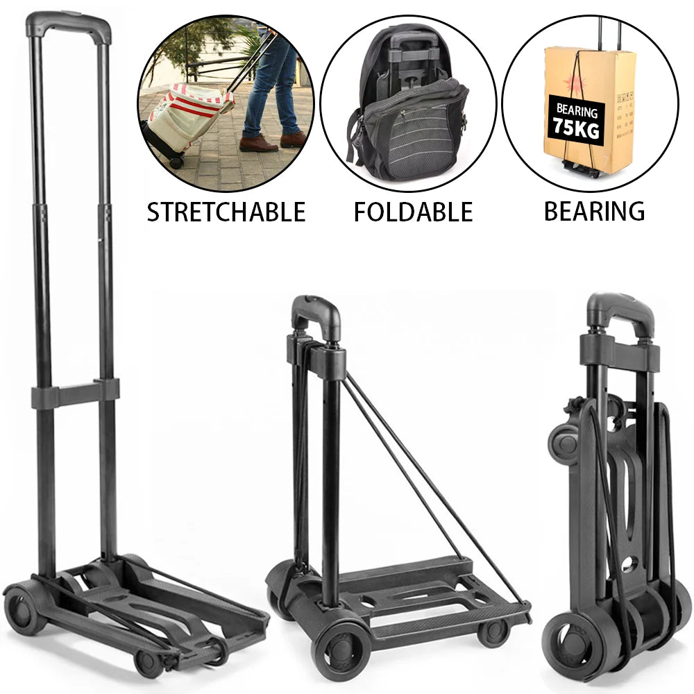 Black folding hand truck with features highlighted on a white background