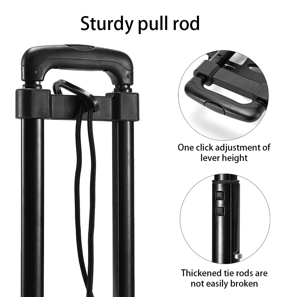 Black adjustable walking stick with pull rod features on a white background