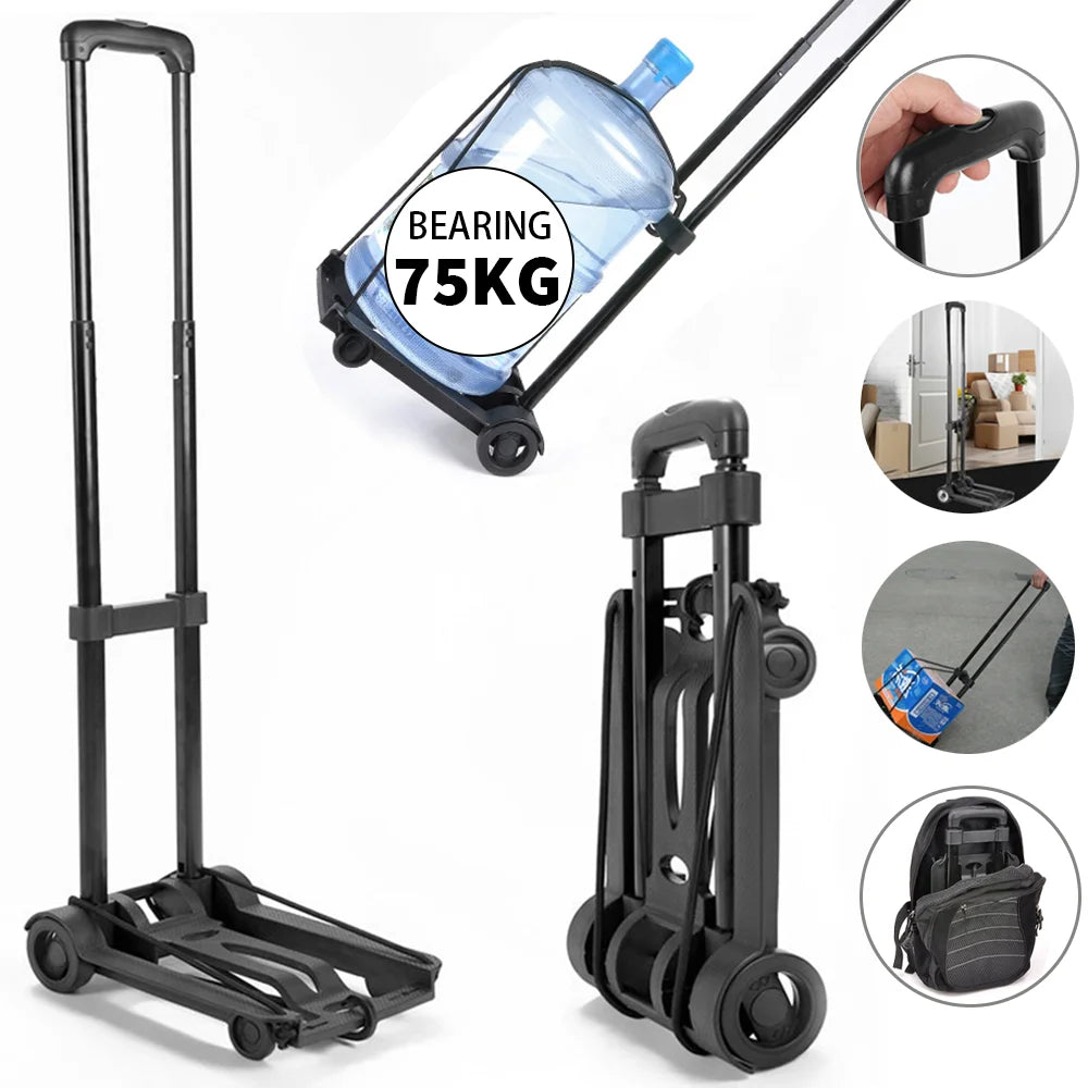 Black hand truck with a water bottle on a white background