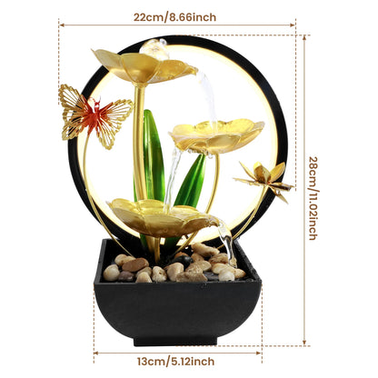 Decorative water fountain with flowers and butterfly, shown with dimensions on a white background.