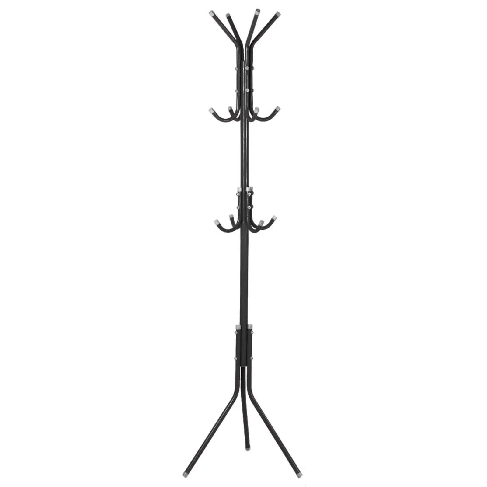 Black metal coat stand with multiple hooks on a white background