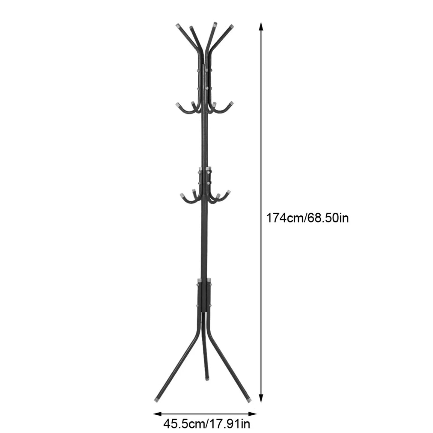 Black metal coat rack with dimensions on a white background