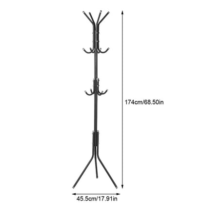 Black metal coat rack with dimensions on a white background
