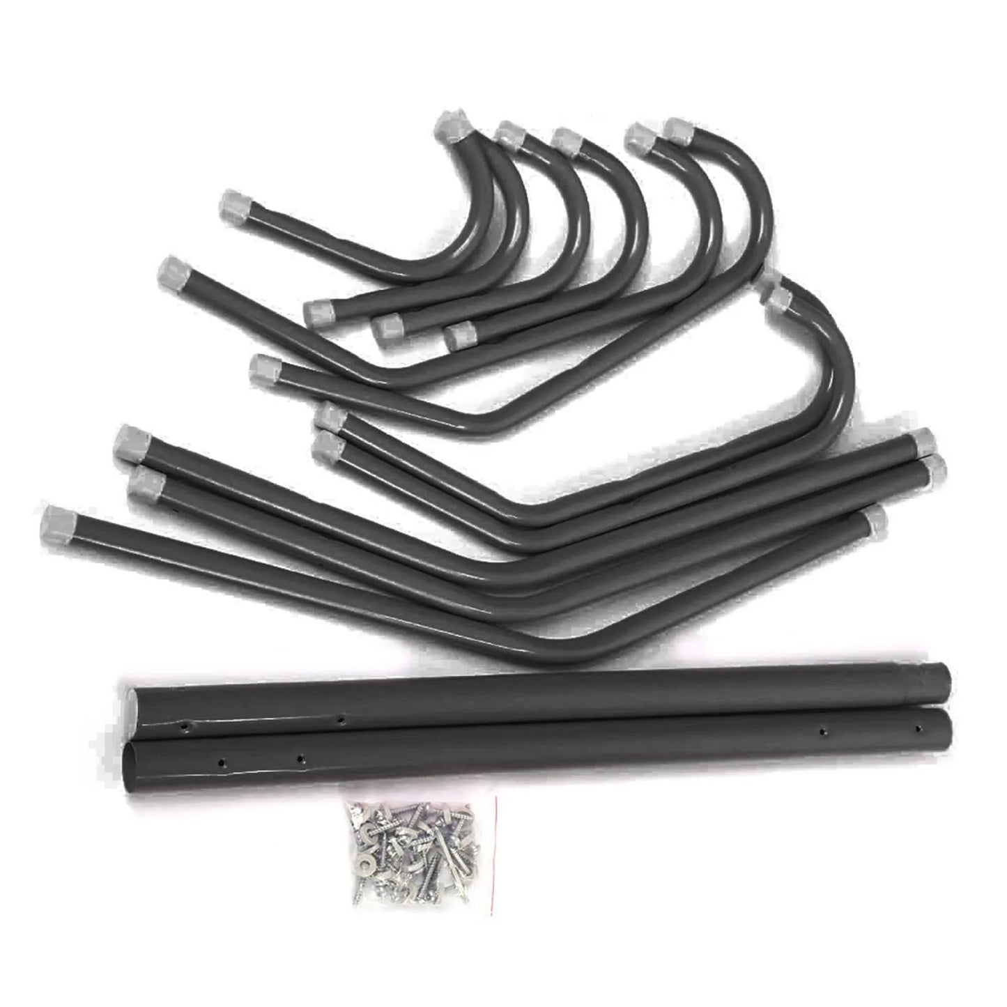 Set of black metal brackets and screws on a white background