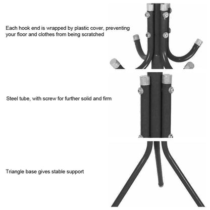 Black coat rack with hooks and steel tube structure on a white background