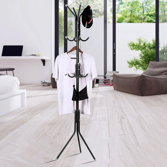 Black coat stand with clothes in a modern living room