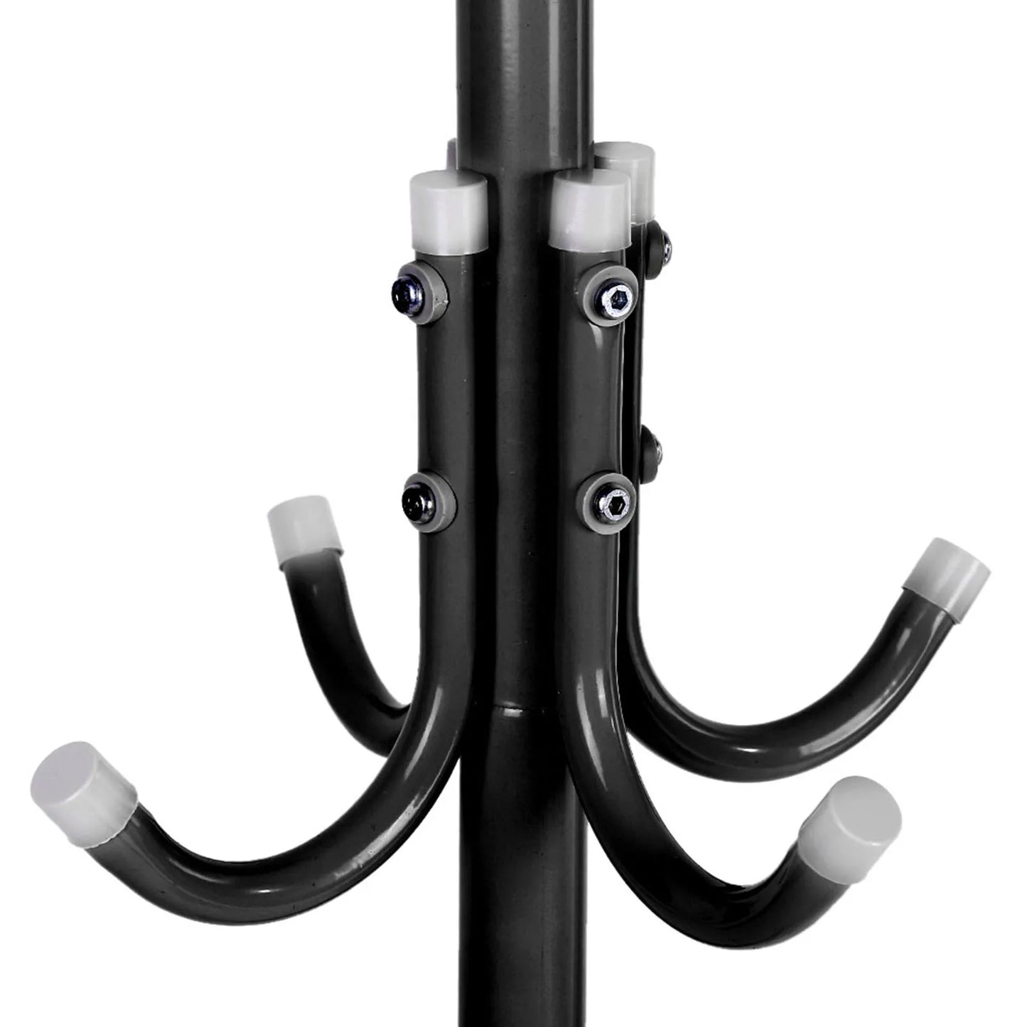 Black metal rod with multiple hooks on a white background