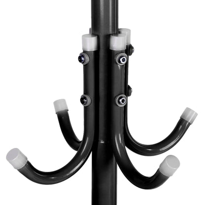 Black metal rod with multiple hooks on a white background