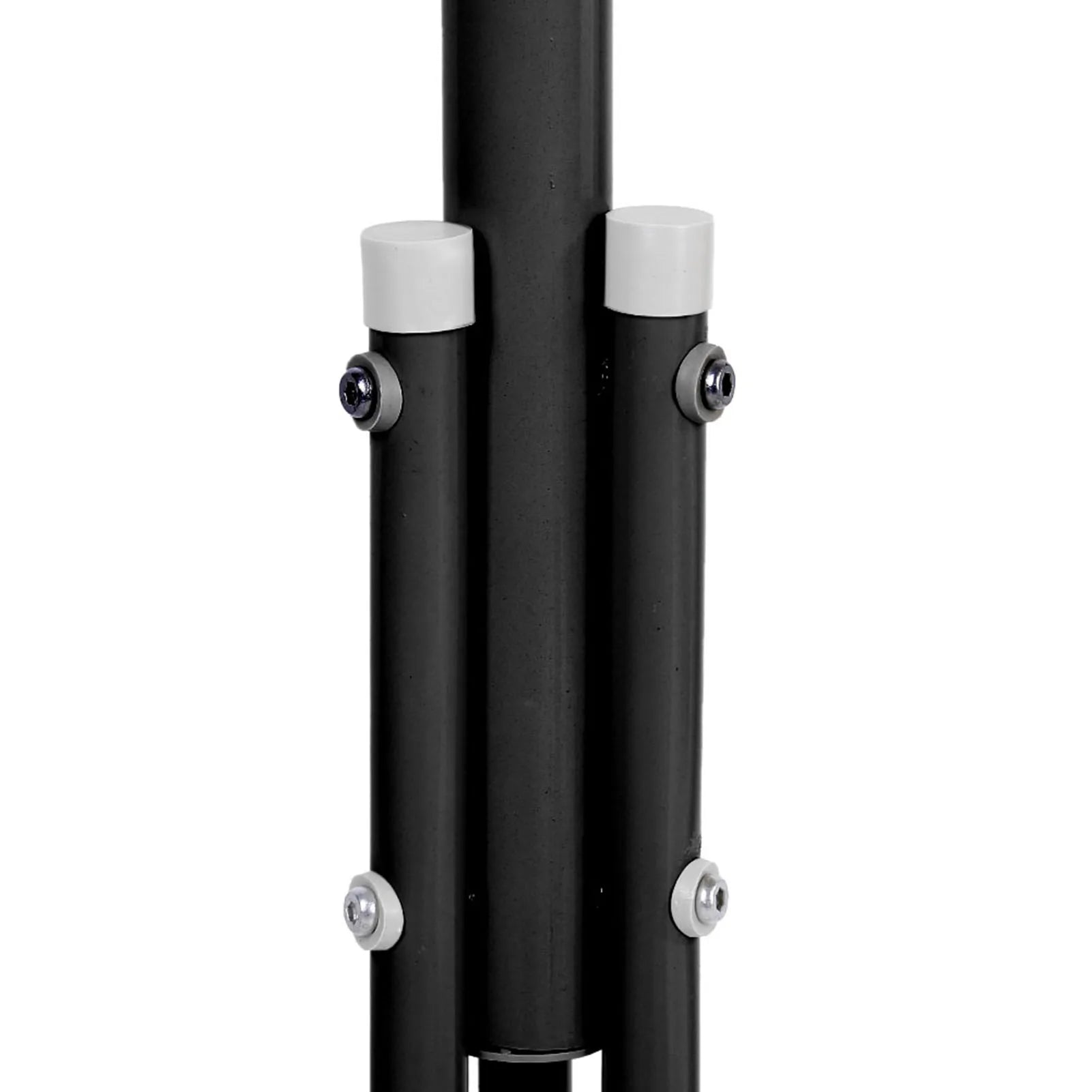 Black metal stand with white accents on a white background