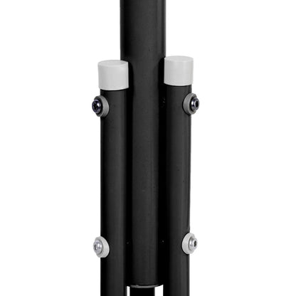 Black metal stand with white accents on a white background