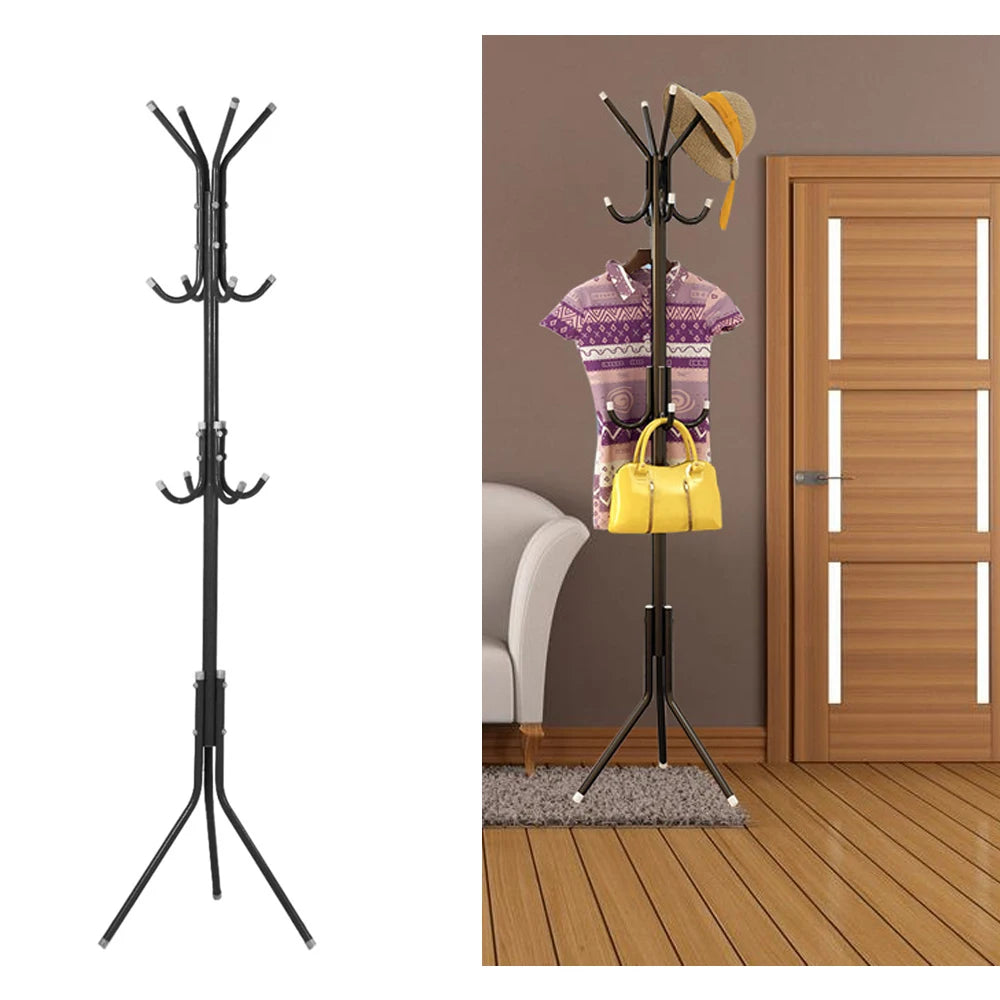 Black coat stand with multiple hooks on a white background, and another coat stand with clothes and bags in a room.