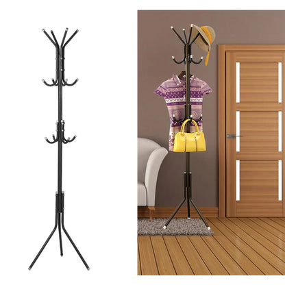 Black coat stand with multiple hooks on a white background, and another coat stand with clothes and bags in a room.