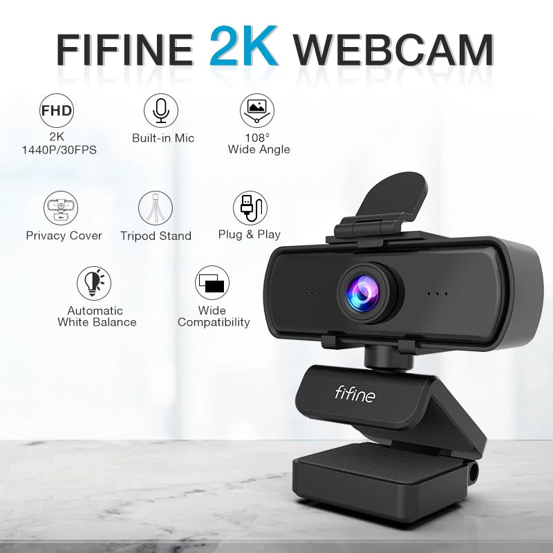 Fifine 2K webcam with features listed on a white background