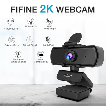 Fifine 2K webcam with features listed on a white background