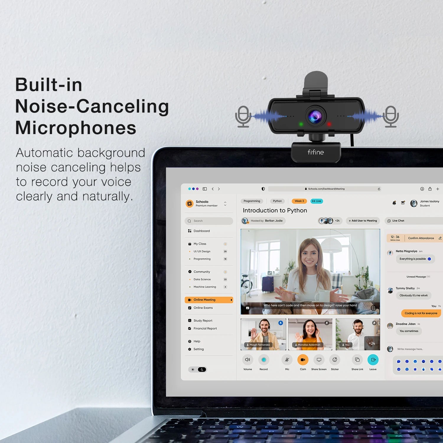 Laptop with a webcam displaying a video call interface, emphasizing built-in noise-canceling microphones.
