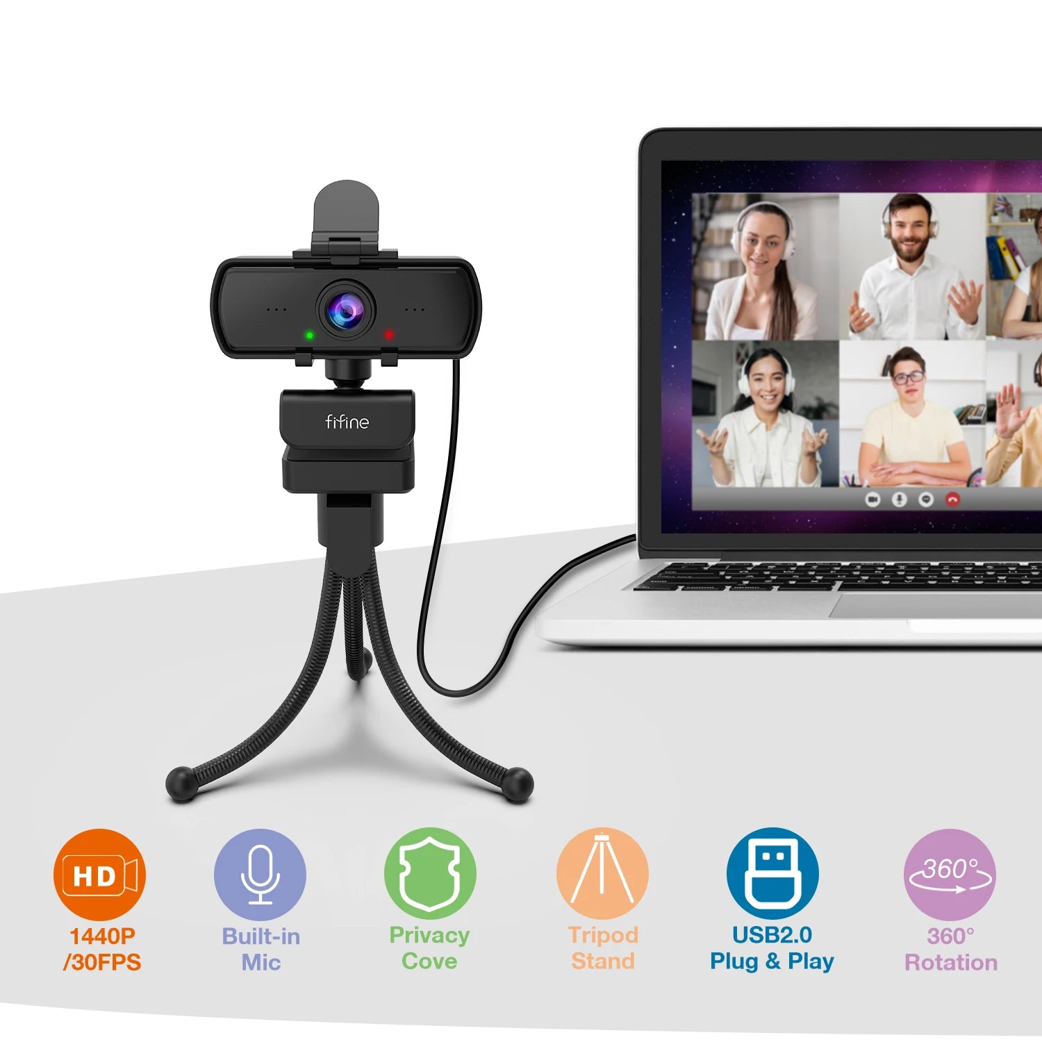 Webcam on a tripod with laptop displaying a video call, featuring tifine branding.