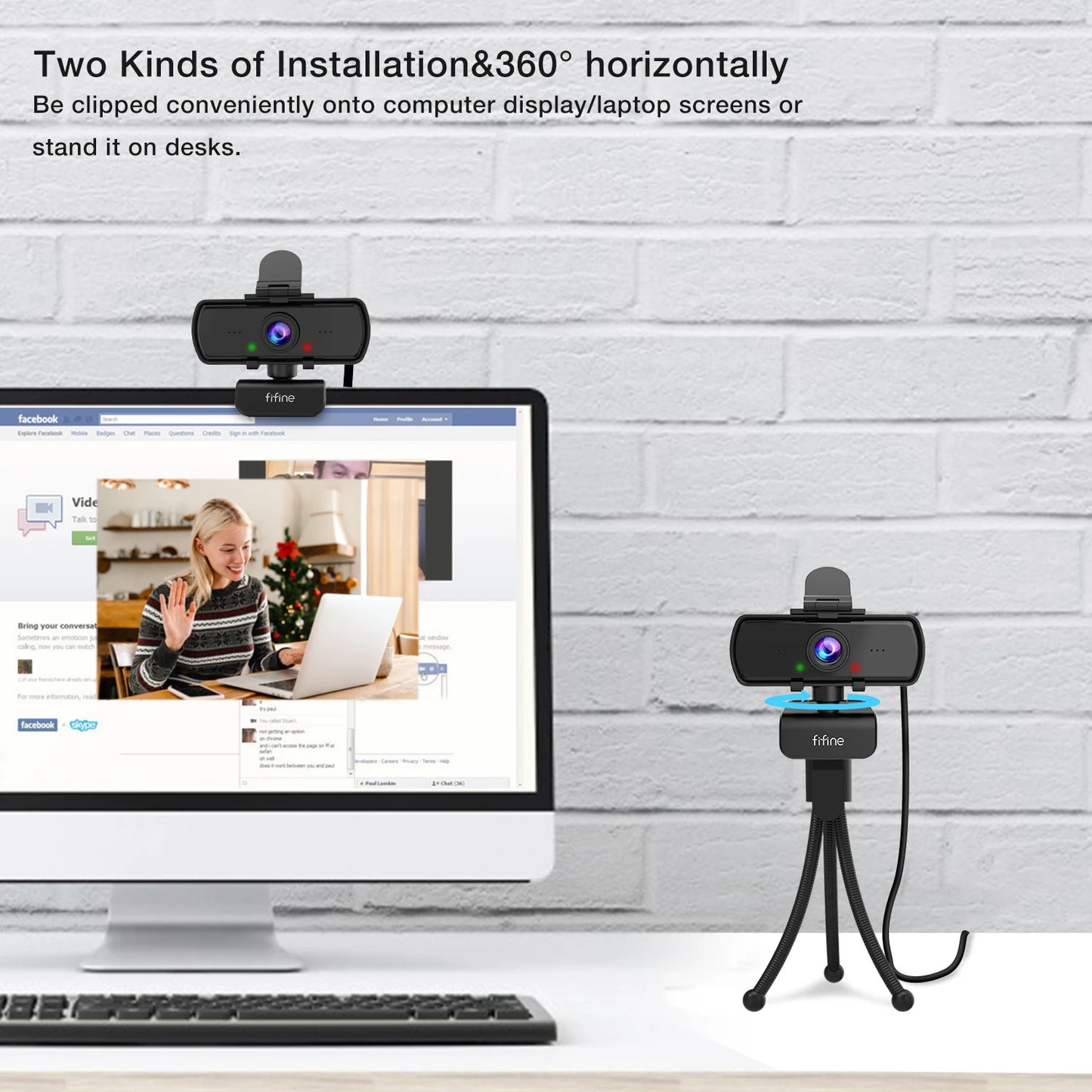 Webcam on a stand and attached to a computer screen with text about installation options.