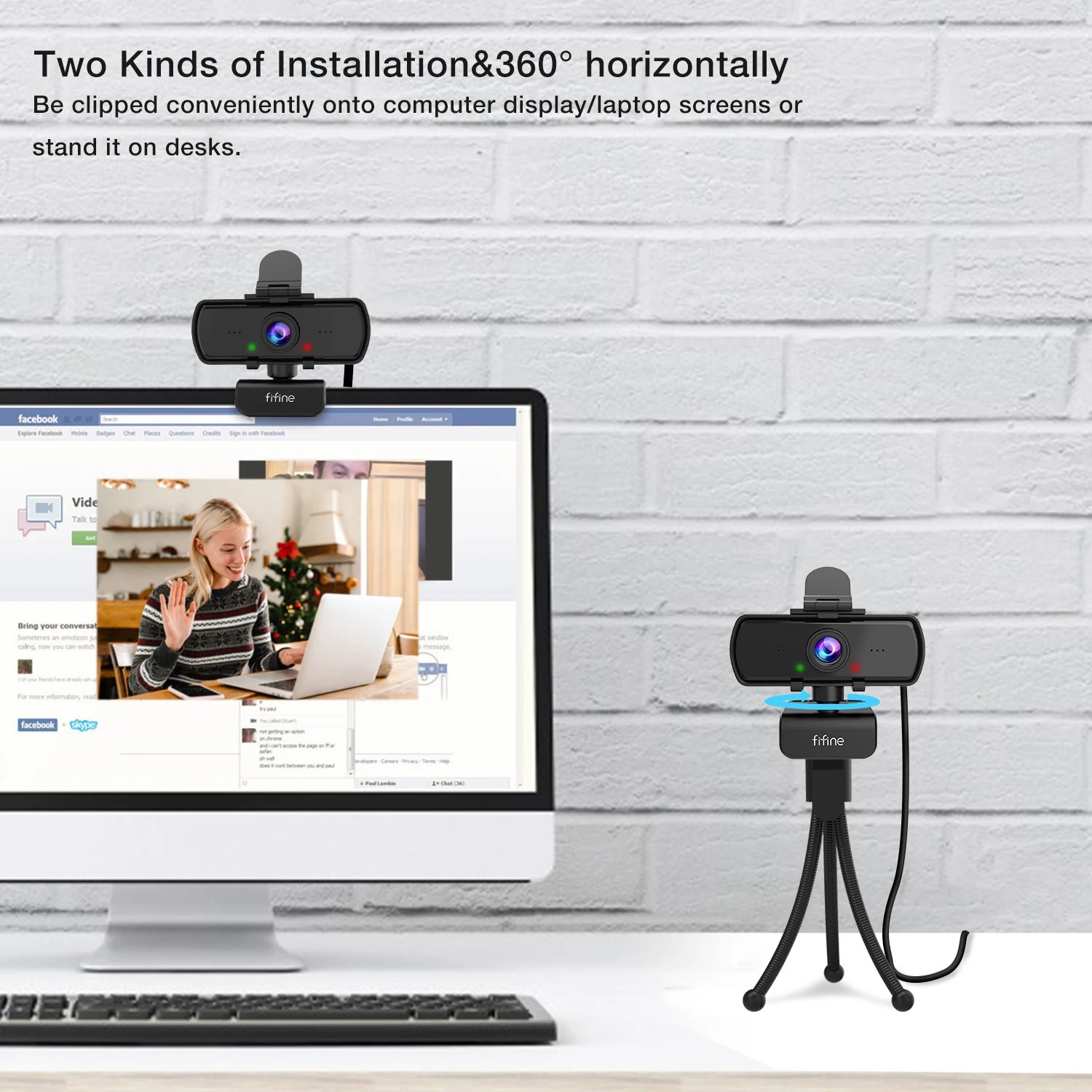 Webcam on a stand and attached to a computer screen with text about installation options.