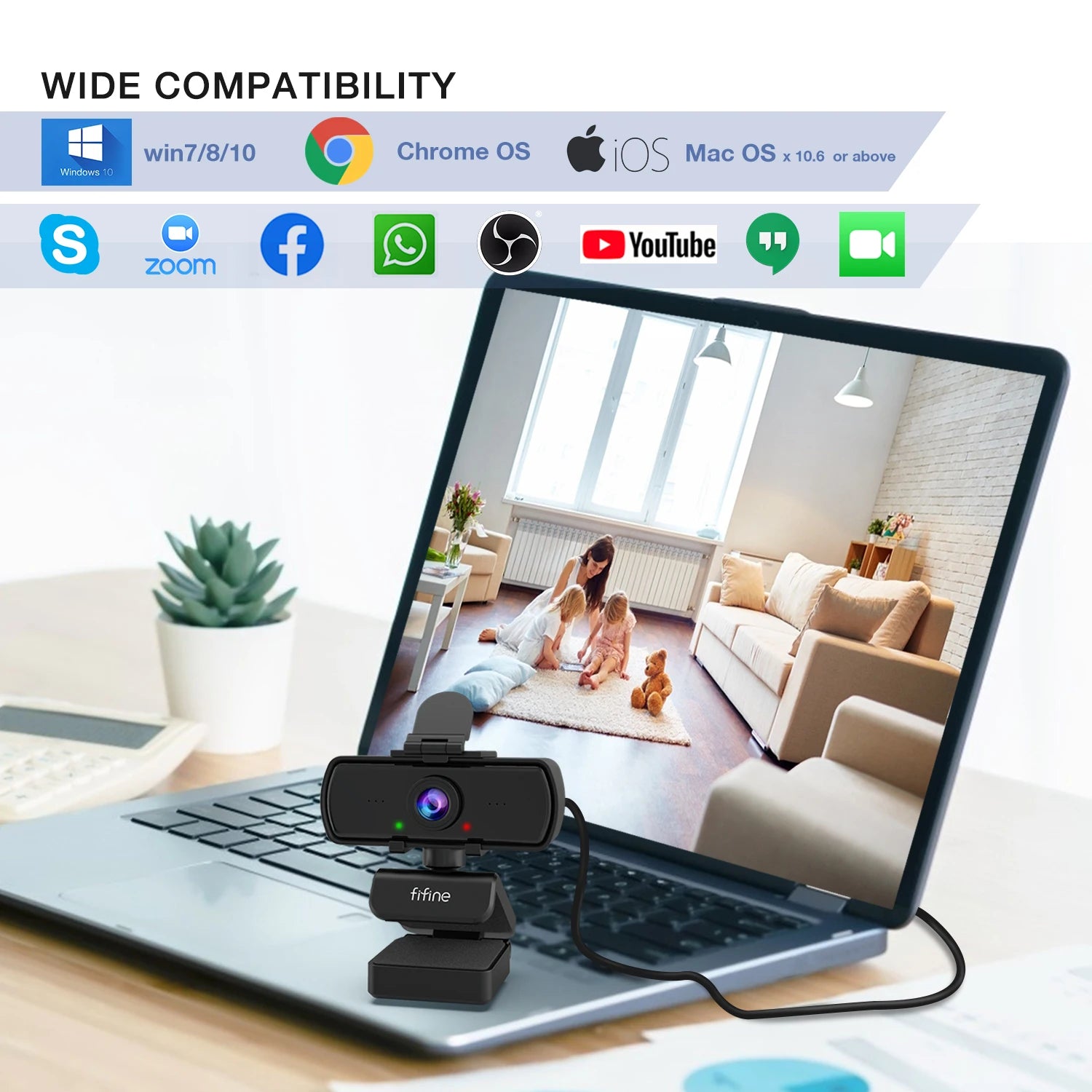 Laptop with a webcam attached, displaying a family scene on the screen, with compatibility icons above.