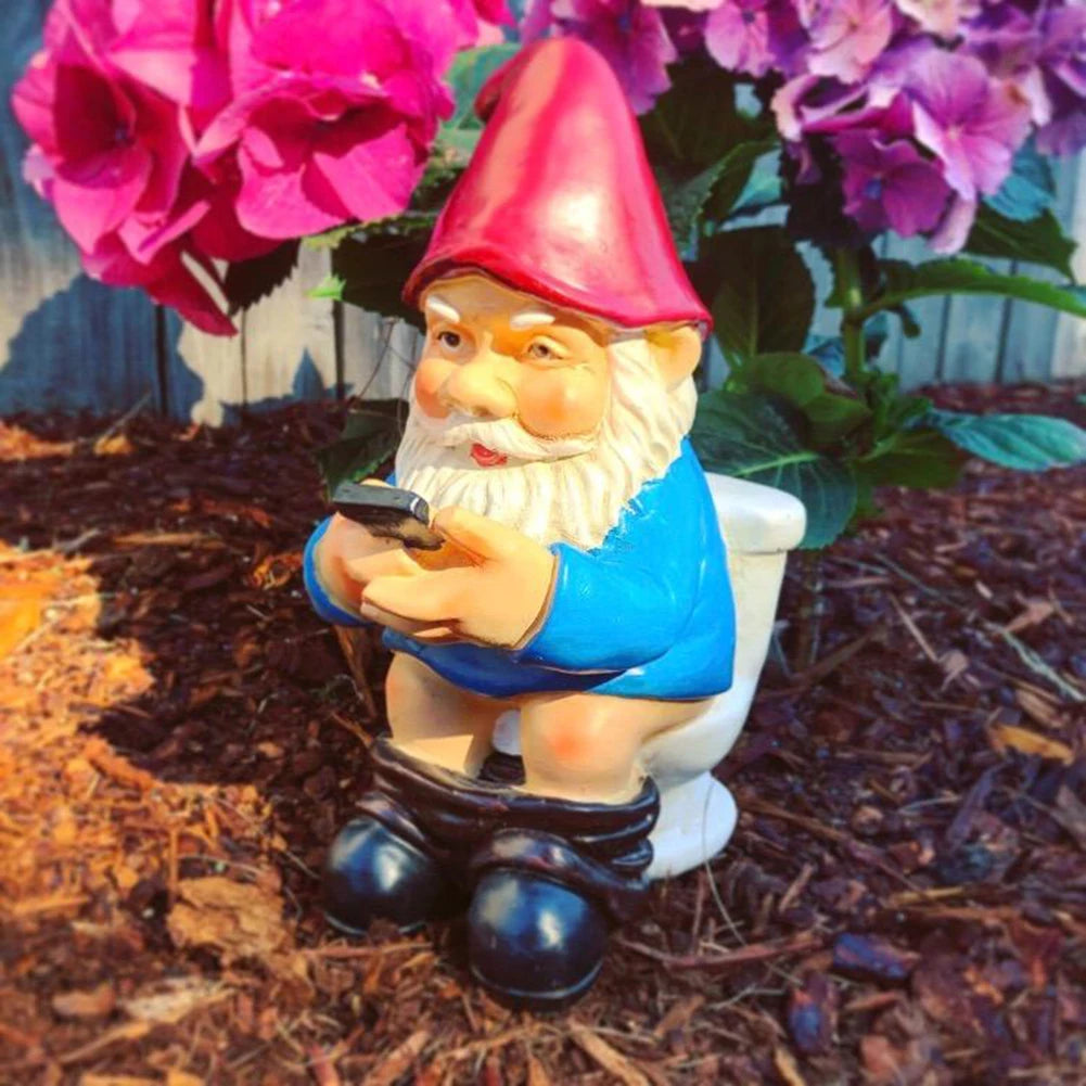 Garden gnome holding a smartphone with flowers in the background