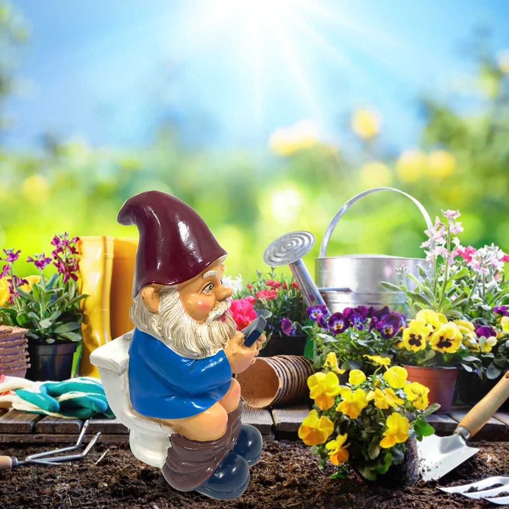 Gnome watering flowers with a watering can in a garden setting