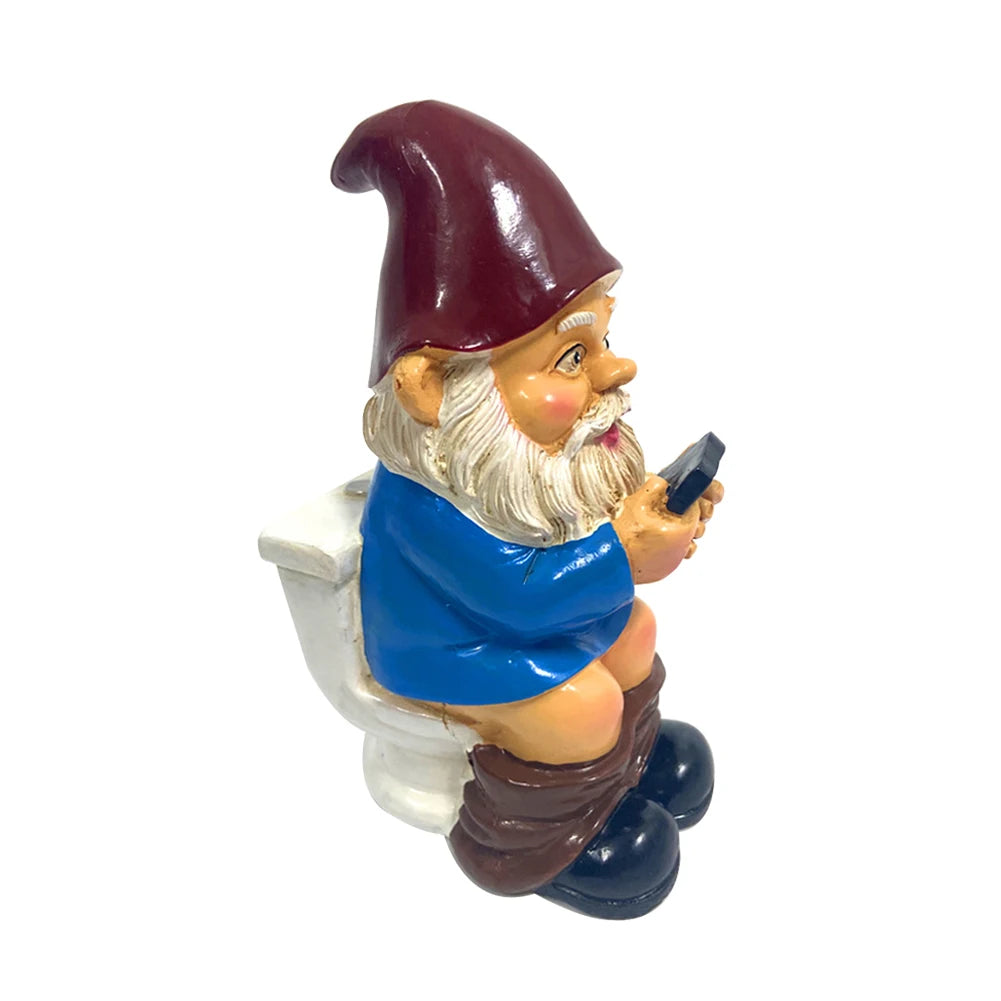 Gnome figurine using a smartphone on a white background