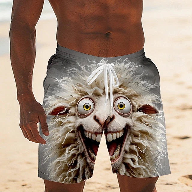 Person wearing a beach shorts with a lion graphic on a sandy background