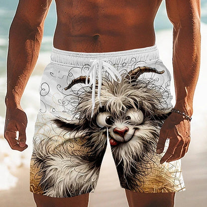 Beach shorts with a cartoon goat design worn by a person on a beach.