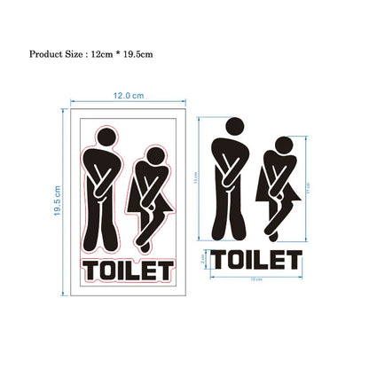Two black and white bathroom sign illustrations with dimensions on a white background