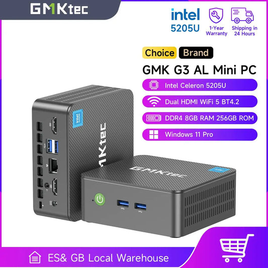 GMK G3 AL Mini PC with Intel Celeron 5205U processor on a white background