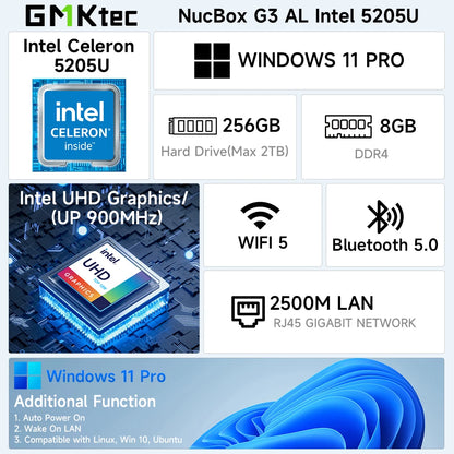 Gigabyte NucBox G3 AL Intel 5205U specifications on a white background