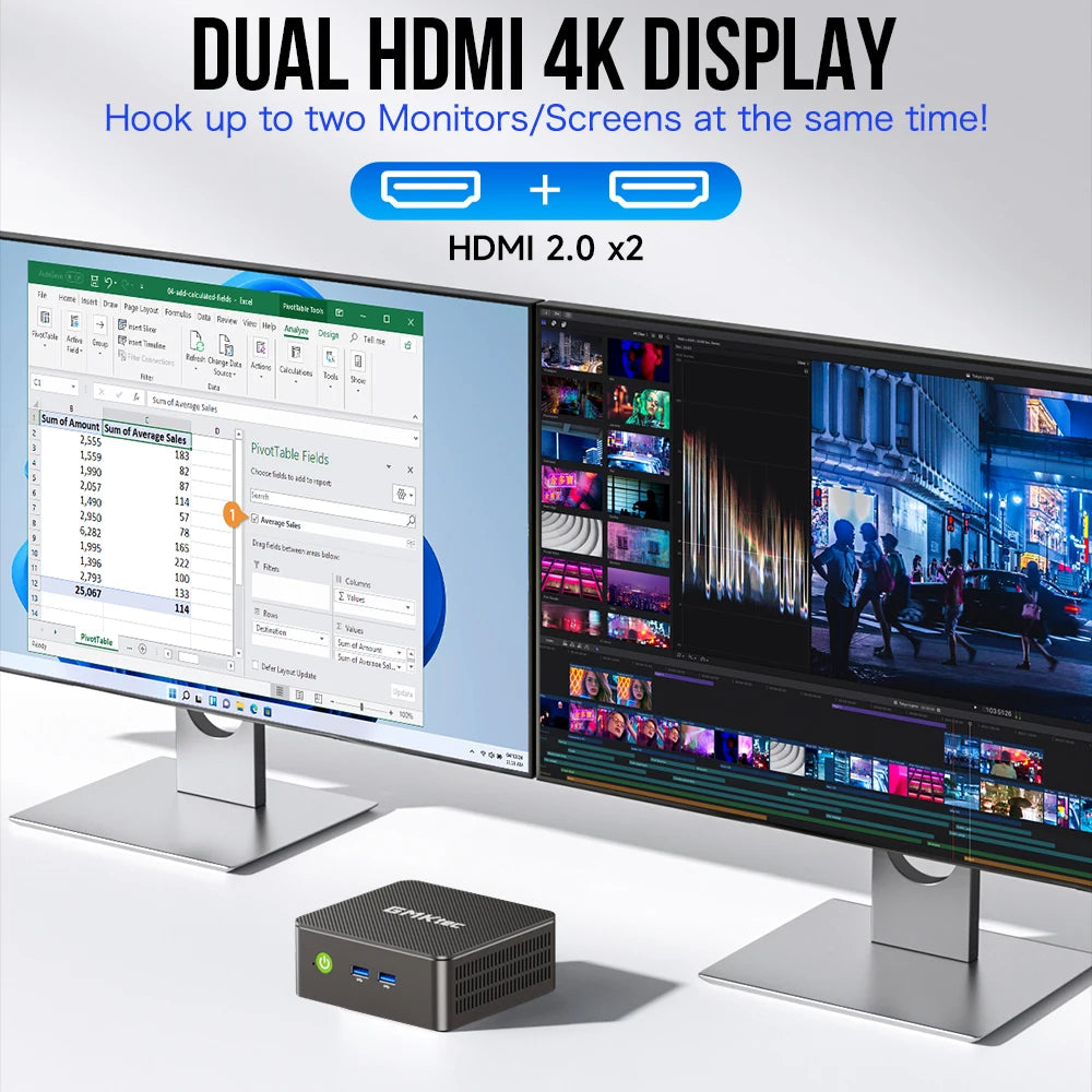 Dual HDMI 4K display with two monitors and a small device in front.